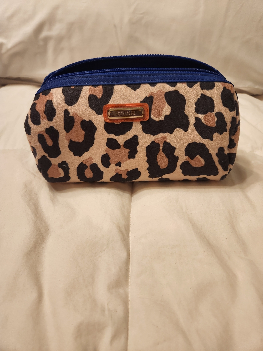 Trina Turk Leopard Print Cosmetic Bag with Blue Zip